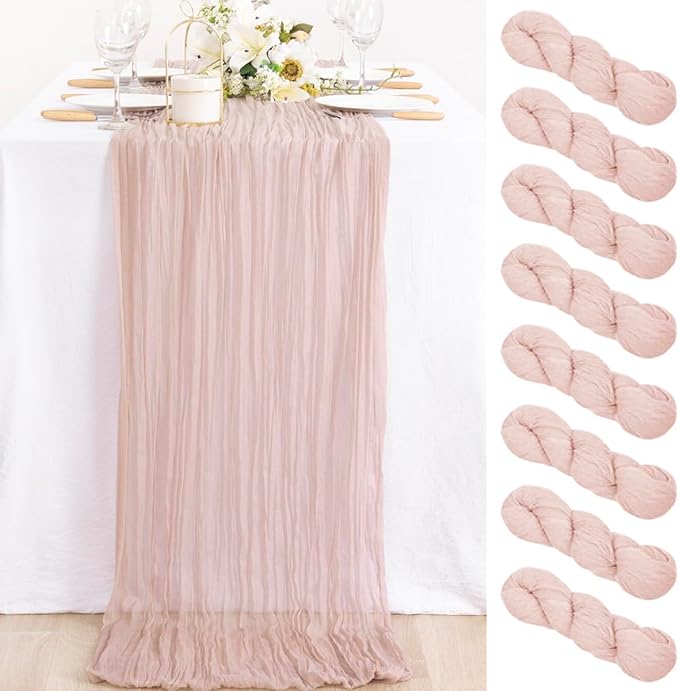 MLMC 8 Pack Pink Table Runner Boho Dusty Pink Cheesecloth Table Runner 10ft Gauze Cheese Cloth Decor 35x120 Inches for Mothers' Day Wedding Bridal Baby Shower Birthday Party Decor