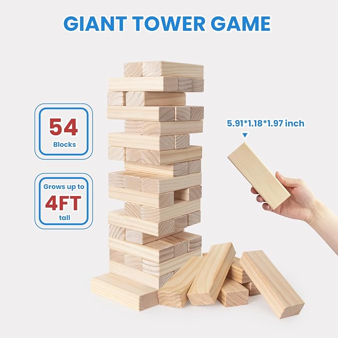 PetGirl Giant Tumble Tower 54PCS - Jumbo Wooden Stacking Game Over 4 FT for Kids Adults Family, Premium Pine Outdoor Yard Game for BBQ, Party, Camping