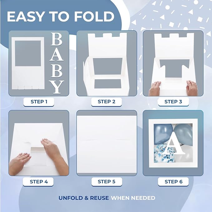 44-Piece Baby Shower Decorations for Boy or Girl - 4 Boxes with Letters and 32 Balloons - Dusty Blue and White (Boho Aesthetic) - Gender Reveal Party Supplies - Photo Shoot Backdrop