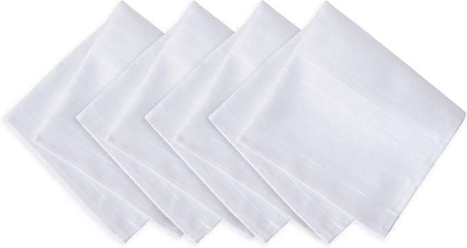 Newbridge White Denley Satin Stripe Fabric Napkins, Heavy Weight No Iron Polyester Holiday Dinner Napkins, Set of 4