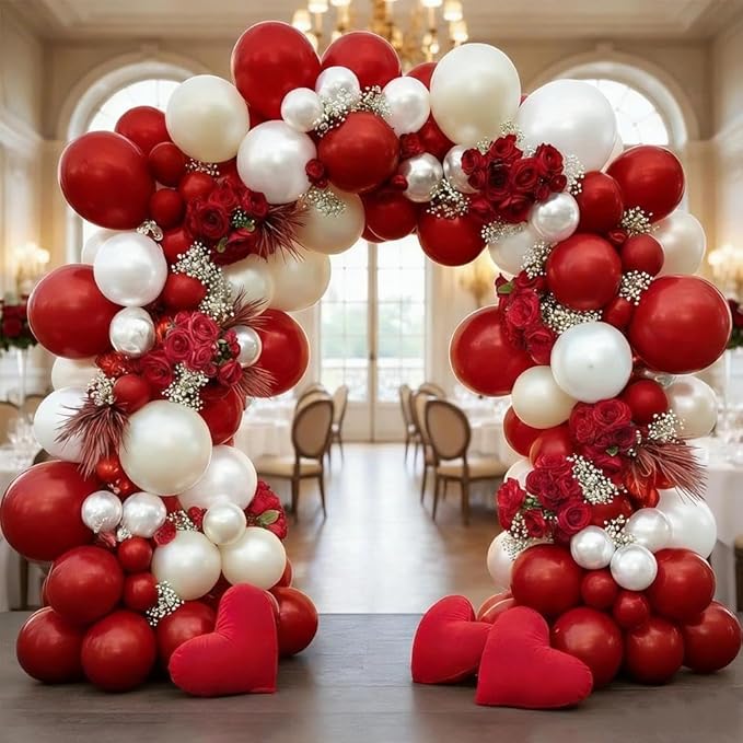Red White Balloon Garland Double Stuffed Dark Red Pearl White Balloon Arch Kit Burgundy Balloons for Mother's Day Birthday Wedding Bridal Shower Engagement Graduation Party Decor