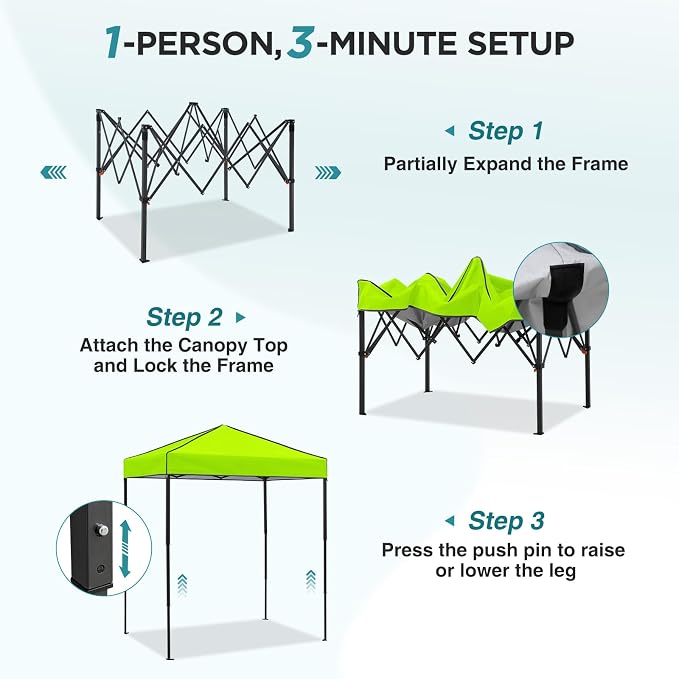 EAGLE PEAK 6x4 Instant Pop Up Canopy Tent, Straight Leg Sun Shelter, Portable Canopy with Carry Bag for Camping, Beach & Sports, Neon Green