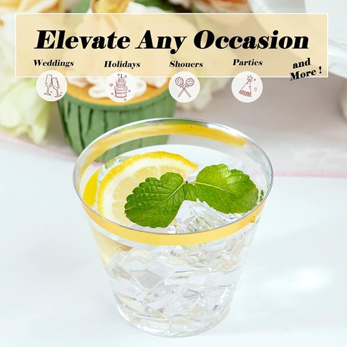 WDF 200 Pack Gold Plastic Cups - 9 Oz Elegant Clear Plastic Cups Gold Rimmed - Fancy Disposable Party Cup Wedding Cup Drinking Tumblers Cocktail Glasses for Thanksgiving