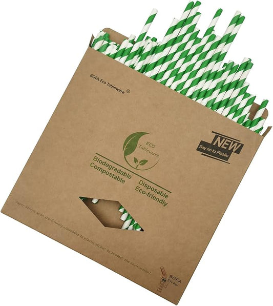 Environment Green White Paper Drinking Straws Bulk 100, Disposable Green Striped Straws with Kraft Box Packing Coktail Straw for Holiday Use Juice Patener