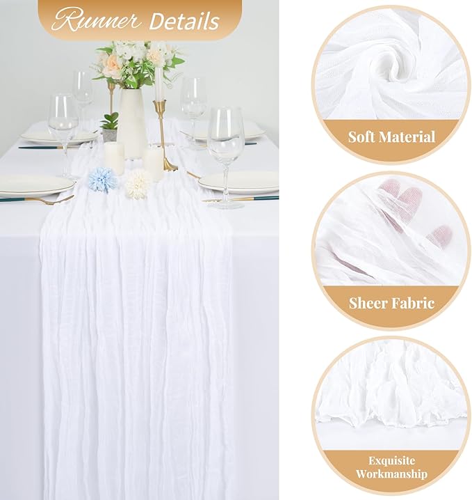 10 Pack White Cheesecloth Table Runner 10FT Boho Romantic Gauze Table Runner 20 x 120 Inch Rustic Sheer Runner for Wedding Party Bridal Shower Thanksgiving Christmas Decoration