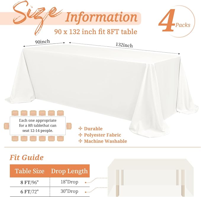 Showgeous 4 Pack Ivory Tablecloth 90 x 132 Inch, Rectangle Tablecloth for 8 Foot Table, Stain and Wrinkle Resistant Washable Polyester Table Cloth Cover for Wedding Dining Table Buffet Parties