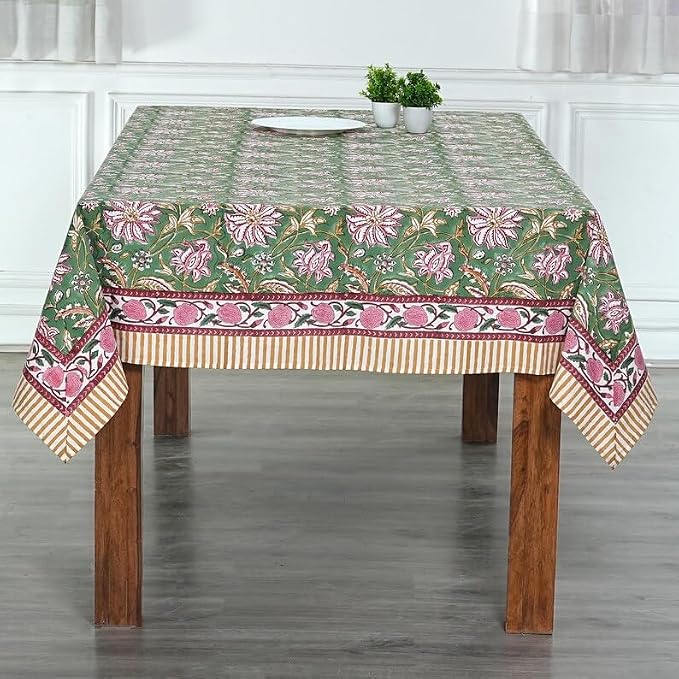 Ridhi Viridian Green Hand Block Print Cotton Rectangle Tablecloth 108" x 70" inches Reusable Table Cover Decorative Everyday Use for Dining Room, Farmhouse, Home Gift for Spring, Mother's Day