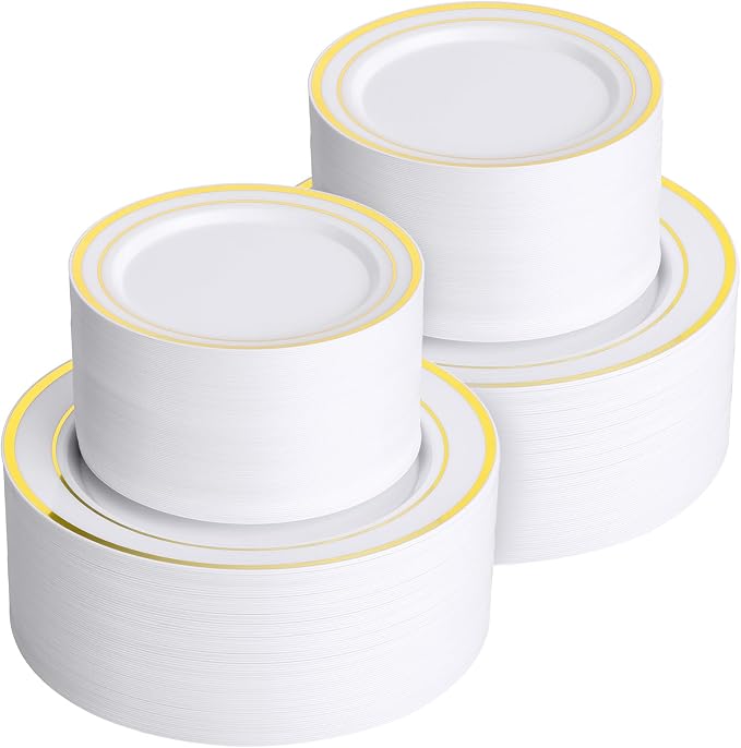 Goodluck 400 Piece White and Gold Plastic Plates Set - 200 Dinner Plates & 200 Salad Dessert Plates, Heavy Duty Disposable Gold Trimmed Plates for Wedding, Party, Elegant Fancy Plastic Plates Bulk