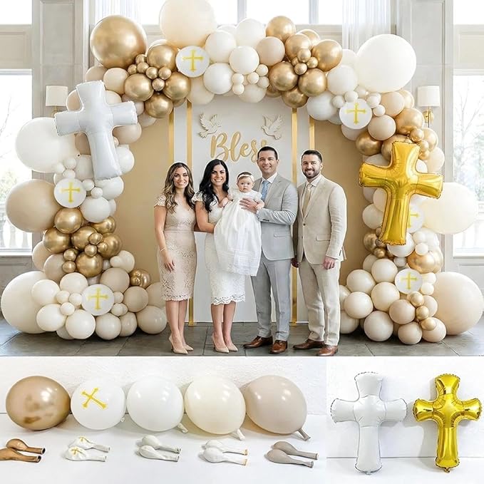 Neutral Baptism Balloon Decoration Kit with 2 Cross Foil Balloons, Double Stuffed Sand White Ivory Gold Balloon Arch Garland for First Holy Communion, Christening, God Bless Party Supplies