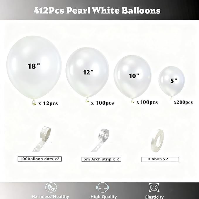 412pcs Pearl White Balloons Different Sizes 18 12 10 5 Inch, White Balloon Garland Arch Kit for Engagement Baby Shower Birthday Wedding Party Decorations