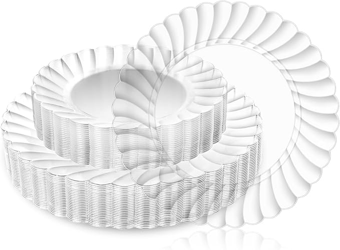 YOUBET 60PCS Clear Scalloped Plastic Plates - Premium Hard Disposable Facny Plastic Plates include 30 Dinner Plate, 30 Dessert Plate for Party & Wedding