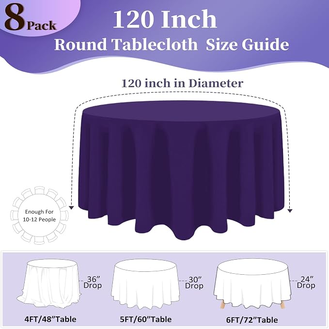 8 Pack Purple Round Tablecloth 120 Inch Round Table Cloth, Wrinkle Resistant and Washable Tablecloth Polyester Fabric Table Cloth Round Cover for Dining Wedding Banquet Party