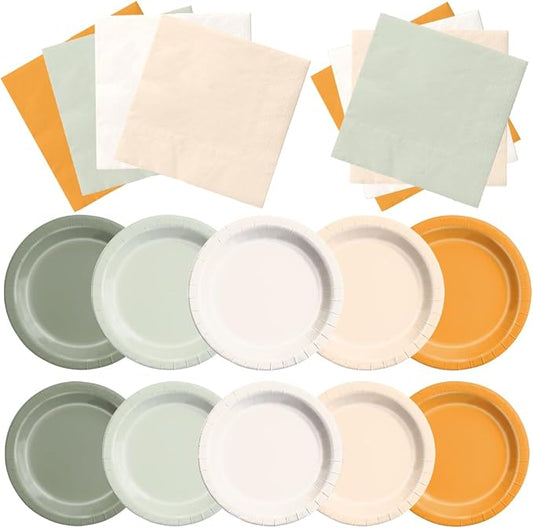 CMUSKO Fall Baby Shower Decorations - 60pcs Green Orange Plates and Napkins Autumn Little Pumpkin Tableware for Baby Shower, Birthday, Thanksgiving