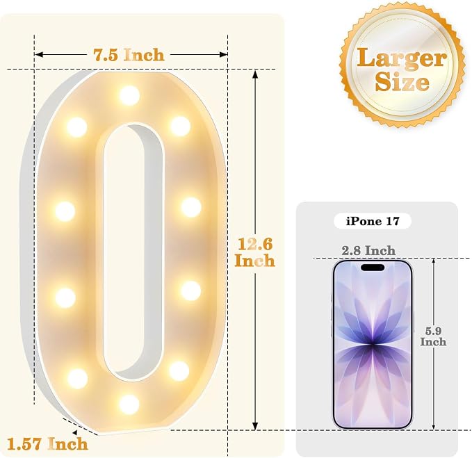 12.6 Inch LED Marquee Light Up Numbers, Birthday Number Lights as Gifts for Girls Women Men, Lighted Marquee Numbers for Anniversary Party Night Light Table Decorations, Number 0