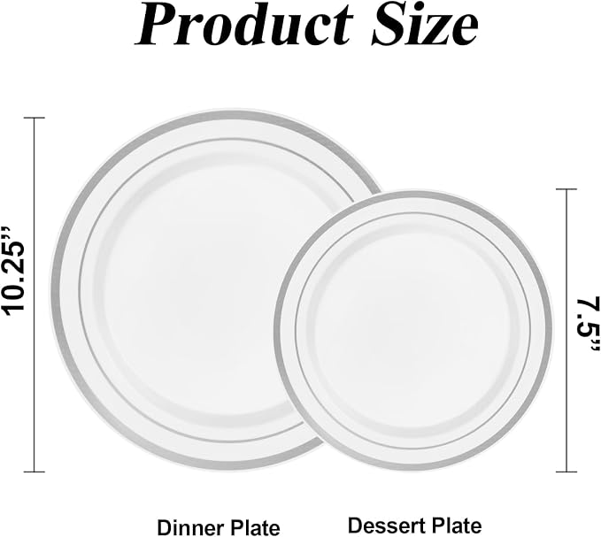 BESTSTAR 100 Piece Silver Rim Plastic Plates - 50 Dinner Plates 10.25" & 50 Dessert Plates 7.5" - Premium White Disposable Plates, Heavy Duty & Elegant for Wedding, Party, and Formal Events
