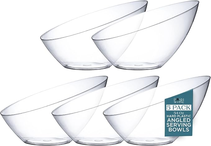 Posh Setting - Clear Plastic Serving Bowls for Party Angled Bowls Disposable Chip Bowls Candy Bowls for Party Table Salad and Fruit Bowls for Wedding Serving Bowls-Clear, 54 OZ, 5 Pack