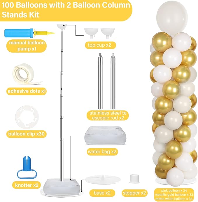 2 Sets Retro Sand White Gold Balloon Column Stand Kit with 100 Balloons Adjustable Balloon Tower Stand with Bases for Floor Balloons Column Kit for Graduation Birthday Appreciation Party Decor