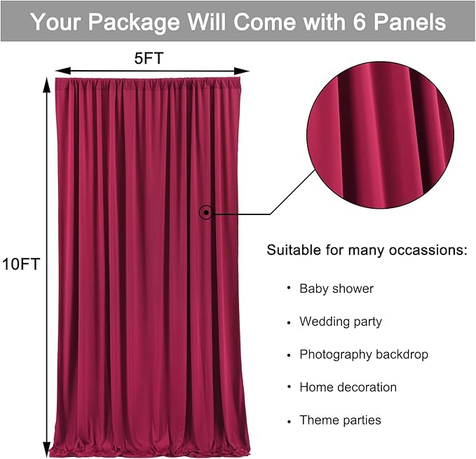 30ft x 10ft Maroon Backdrop Curtains for Parties, Polyester Burgundy Backdrop Drapes 6 Panels 5x10ft for Baby Shower Photography Birthday Parties Background