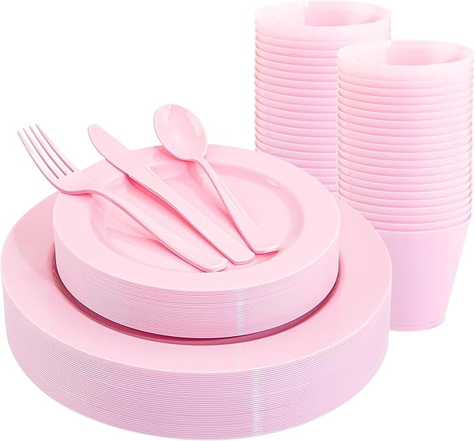 KIRE 150 Pieces Pink Plastic Plates Disposable - Pink Dinnerware Set Include 25 Dinner & 25 Salad Plates 25 Forks 25 Knives 25 Spoons 25 Cups for Baby Shower/Bridal Shower/Mother's Day