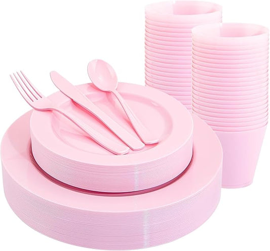 KIRE 150 Pieces Pink Plastic Plates Disposable - Pink Dinnerware Set Include 25 Dinner & 25 Salad Plates 25 Forks 25 Knives 25 Spoons 25 Cups for Baby Shower/Bridal Shower/Mother's Day