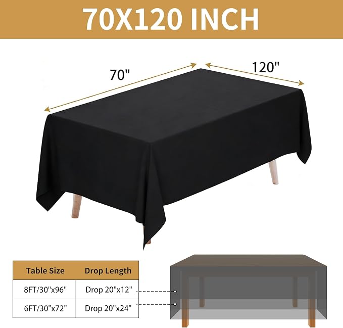 Fixwal 3 Pack Black 70 x 120 Inch Rectangle Tablecloths, Reusable Heavy Duty Washable Polyester Table Covers for 6-8 Ft Tables, Wedding, Party, Birthday, Outdoor, Picnic