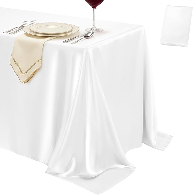 1 Pack White Satin Tablecloth 58 x 102 Inches, Rectangular Satin Table Cloths for Wedding Reception, Birthday Party, Graduation & Holiday Banquet Tables
