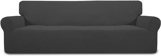 Easy-Going Stretch 4 Seater Sofa Slipcover 1-Piece Sofa Cover Furniture Protector Couch Soft with Elastic Bottom for Kids, Polyester Spandex Jacquard Fabric Small Checks Dark Gray