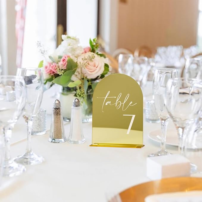 HOODO Gold Mirror Acrylic Wedding Table Numbers 1-15 with Stands, 5"x7" Arched Acrylic Sign and Holder, Gold Mirror Arch Table Numbers for Wedding Reception, Party, Anniversary, Event