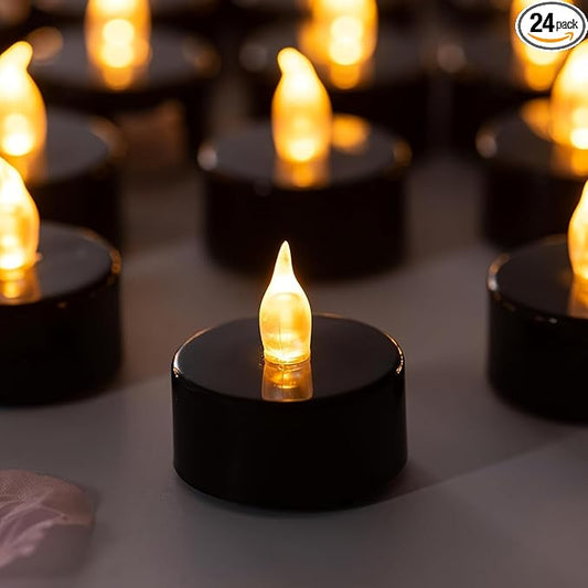 Tea Lights Battery Operated Candles LED Tea Lights Flameless Candles 200+ Hours Flickering Fake Tealights for Halloween, Christmas Home Table Decor(Black, 24 Pack)