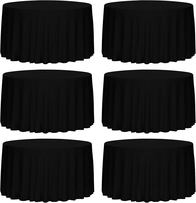 120x120 Table Cloth - 6 Pack Round White Washable Stain and Wrinkle Resistant Polyester Table Cover for Dining Tables, Various Parties and Camping (Black)