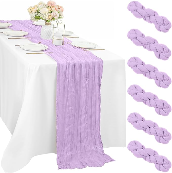 6 Pieces Lilac Cheesecloth Table Runner 10FT Pink Runner for Tables Gauze Fabric Boho 35 x 120 Inches Long Table Runner Decoration Rustic Sheer Runner for Wedding Baby Birthday Party Lilac