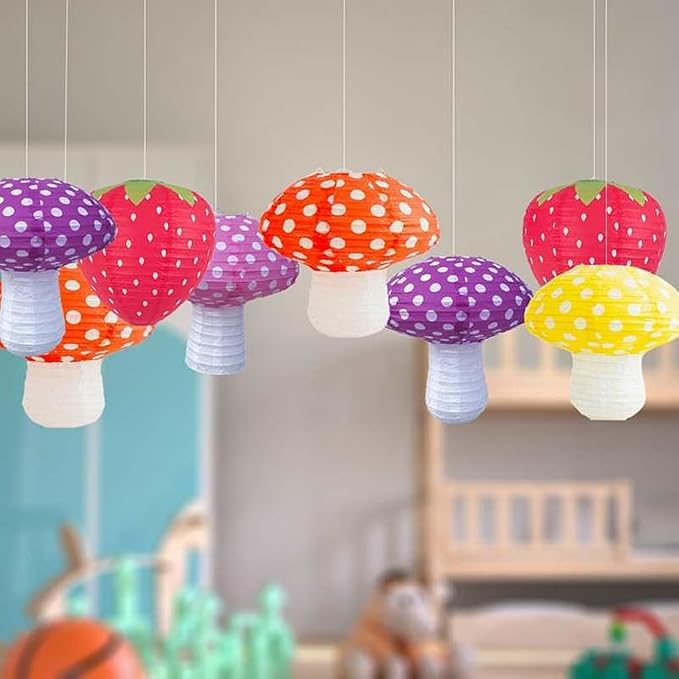 Folding Mushroom Paper Lantern Reusable Hanging Ornament Lamp Cover for Forest Garden Wonderland Theme Birthday Party Decoration Supplies (8 and 12 inches;8pcs)