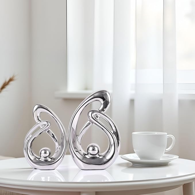 XMGZQ Home Decor Accent,Porcelain Art Mid Century Bookshelf Decorations,Gold Centerpieces for Tables,Abstract Ceramic Statue Sculpture for Coffee Table Mantel Tv Stand Centerpieces (Silver, Small)