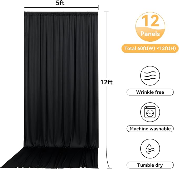 60ftx12ft Wrinkle Free Black Backdrop Curtains for Parties, Silky Polyester 12 Panels 12 ft Long Black Photo Backdrop Drapes Back Drop Cloth for Wedding Birthday Graduation Photography Background