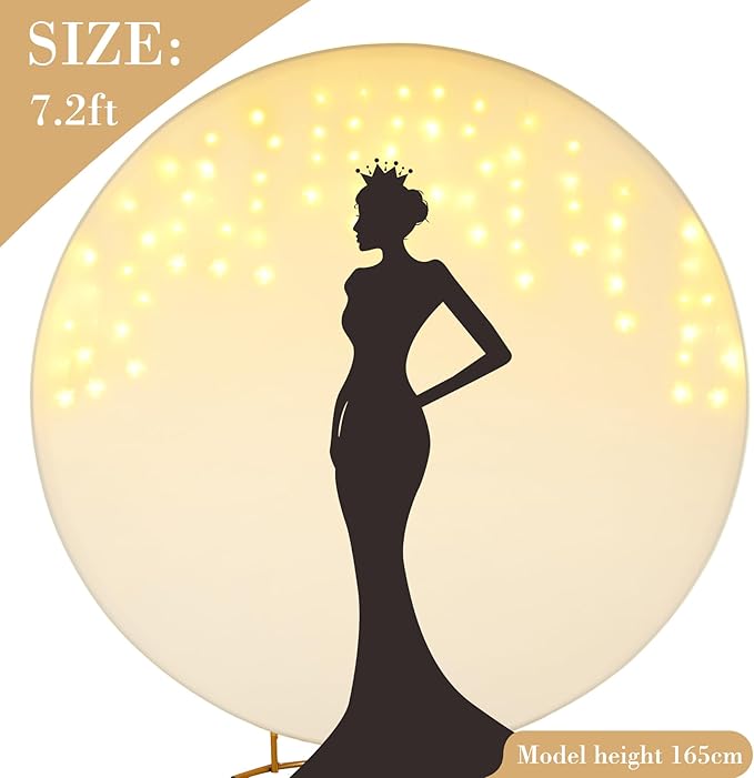7.2 FT Ivory Round Backdrop Cover with Lights String for Circle Arch Stand Circle Backdrop Covers with LED Fairy Lights for Wedding Arch Baby Shower Birthday Party Photo Shoot Photography Background