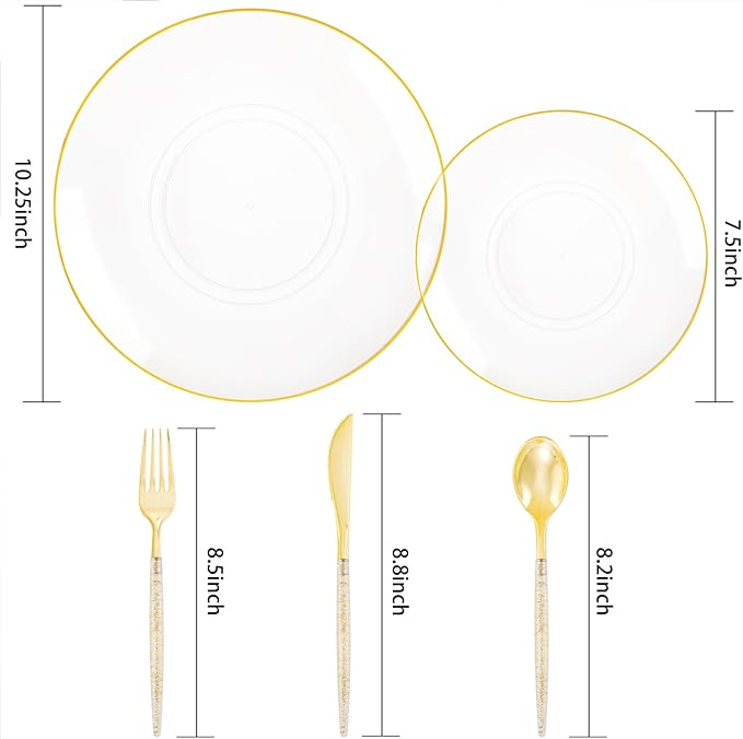 Liacere 150PCS Clear Gold Plastic Plates - Gold Plastic Silverware with Glitter Handle - Clear Disposable Plates Include 30 Guests Plates, Forks, Spoons, Knives for Wedding & Party