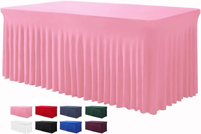 BDDC One-Piece Spandex Table Cover Skirt for 6FT Rectangle Tables | GRS-Certified Eco-Friendly Fabric, Elastic Fitted Ruffle Tablecloth, Washable, For Banquets, Weddings & Parties