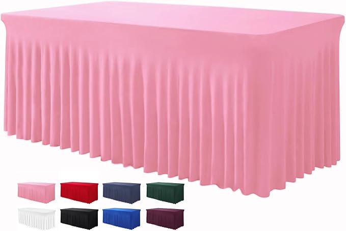 BDDC One-Piece Spandex Table Cover Skirt for 4FT Rectangle Tables | GRS-Certified Eco-Friendly Fabric, Elastic Fitted Ruffle Tablecloth, Washable, For Banquets, Weddings & Parties