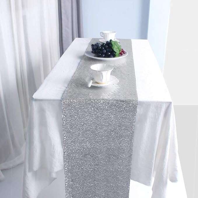 JYFLZQ Silver Sequin Table Runner 12"x72" Pack of 10 Glitter Sequin Fabric Table Linens - Sparkly Runners for Wedding & Birthday Party Decor