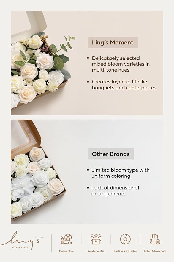 Ling's moment Fake Flowers Box, Faux Artificial Greenery Stems Foam Roses Silk Peonies Willow Fabic Flower for Centerpieces Bouquet Wedding Vase Floral Decorations, White & Blush, Grand Combo