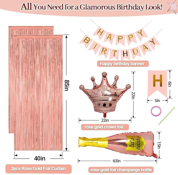 Burgundy Birthday Decorations, Double Stuffed Dark Red Pink Gold Pearl Balloons Happy Birthday Banner Fringe Curtain Foil Balloons for Women Girls Birthday Mother's Day Bridal Shower Party Supplies