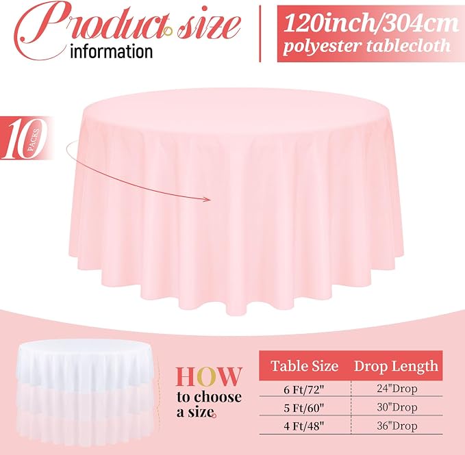 Pesonlook 10 Pack 120 Inch Pink Round Table Cloths, Premium Polyester Round Tablecloth Wrinkle Resistant Washable Table Cover for Wedding, Party, Dining,Banquet,Buffet Table