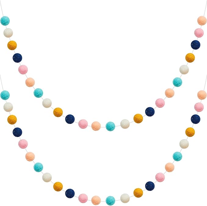 WILLBOND 2 Pieces Wool Felt Rainbow Ball Garland Colorful Pom Pom 6.5 ft Long 24 Ball Garland for Easter Mardi Gras Classroom Halloween Thanksgiving Xmas (Classic Colors)