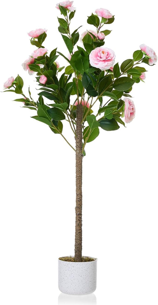 Garvee 3.6FT Artificial Camellia Tree, Faux Camellia Plant with White Planter and 20 Pink Flowers, 43" Fake Potted Flower Trees for Home and Office Decor, Pink