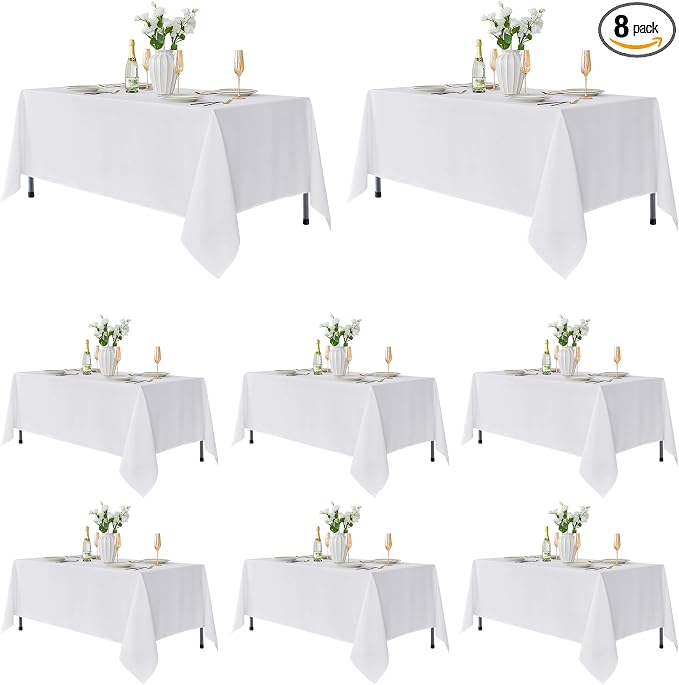 Fitable 8 Pack Rectangle Tablecloths: Stain Resistant Wrinkle Free Table Clothes, Washable Reusable Polyester Table Covers for Wedding Party Birthday Banquet Reception(White, 60x102 Inch)