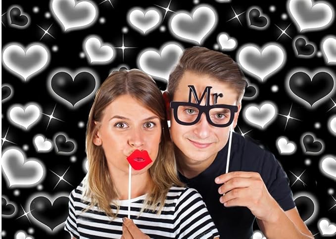 Dudaacvt 10X8FT Black Heart Photo Backdrop 90s Backdrops for Photoshoot Valentine's Day Backdrop Women Men Happy Birthday Photography Background Banner Photo Booth Studio Props D695