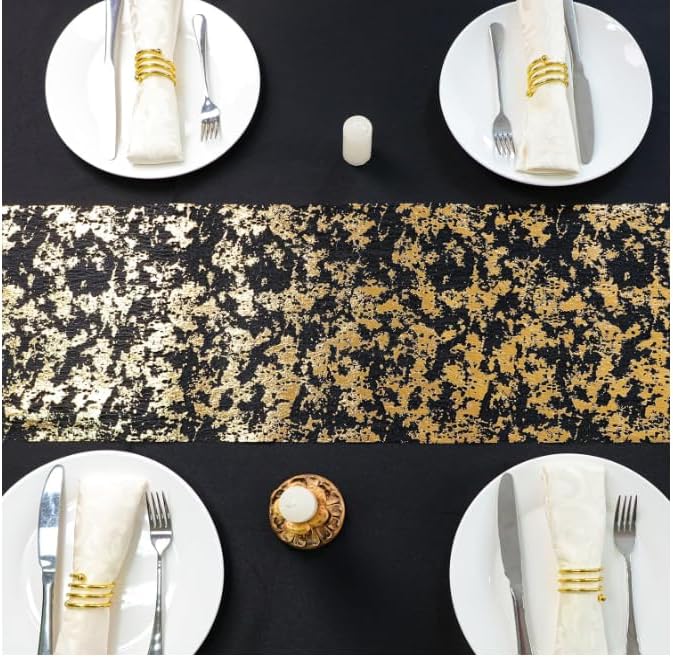 Snowkingdom Black and Gold Table Runner 100 Feet Glitter Golden Metallic Table Centerpieces Foil Runners Party Decorations for Graduation Birthday Retirement Wedding Christmas Halloween Thanksgiving