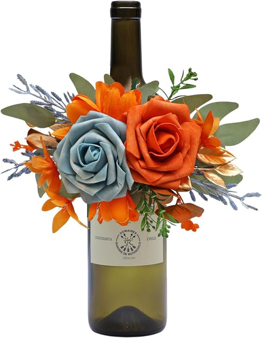 CherishedMoments 1Pcs Wine Bottle Flower Set, Dining Tables, Plates Decorations，Terracotta & Blue Artificial Flowers Wine Cup for Wedding Ceremony Anniversary, Wedding Home Decor (Burnt Orange & Blue)