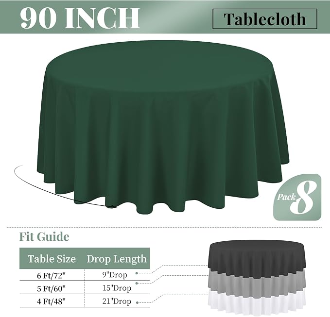 fani 8 Pack Polyester Round Tablecloth 90 Inch Hunter Green Circular Tables Cloth, Stain and Wrinkle Resistant Washable Round Table Cover for Wedding Party Kitchen Dining Table Buffet Parties Camping