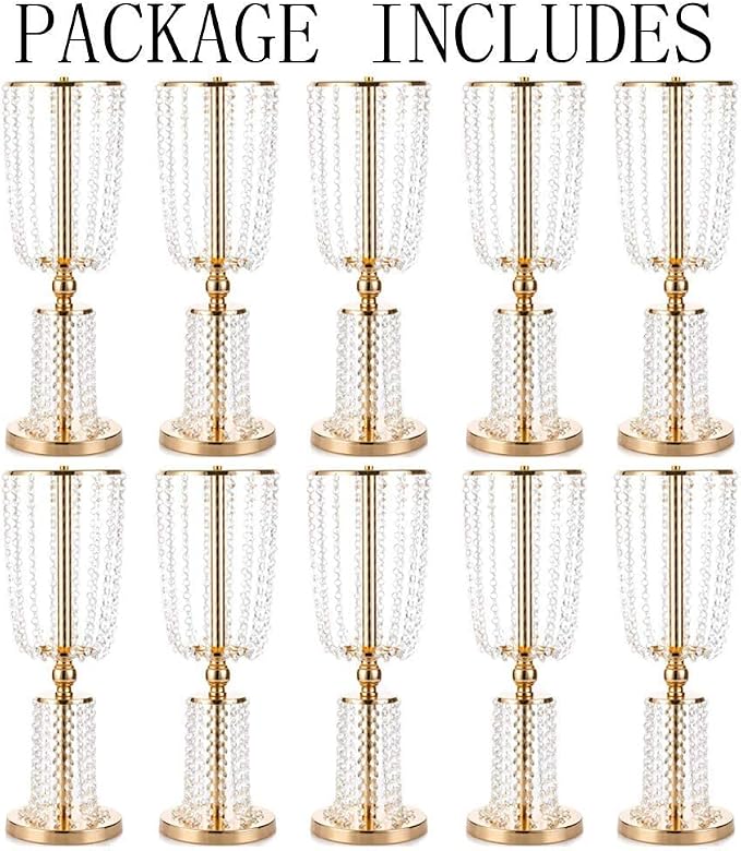 NUPTIO 10 Pcs 23.75 inches Gold Vases for Centerpieces Tall Crystal Metal Vase Flower Stand Holders Wedding Centerpiece Chandelier for Reception Tables Wedding Supplies